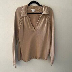 Vintage Charter Club Cotton V Neck Collared Sweater in Tan